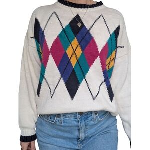 Vintage Argyle Knit Sweater – Cream Multicolor Diamond Print – Size M